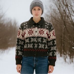 80s Limited Nordic Italian Wool Blend Knit Cardigan Sz S Hand Knit Holidays